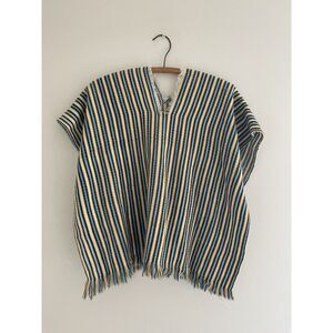 Vintage Mexican Kids Serape Pancho Blue Gold Stripe Open Sides Slip On 22"x 25"